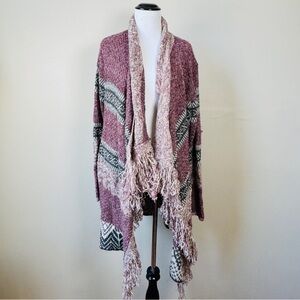 Knox Rose Cardigan Size XL Waterfall Fringe Chevron Burgundy Black Boho Sweater